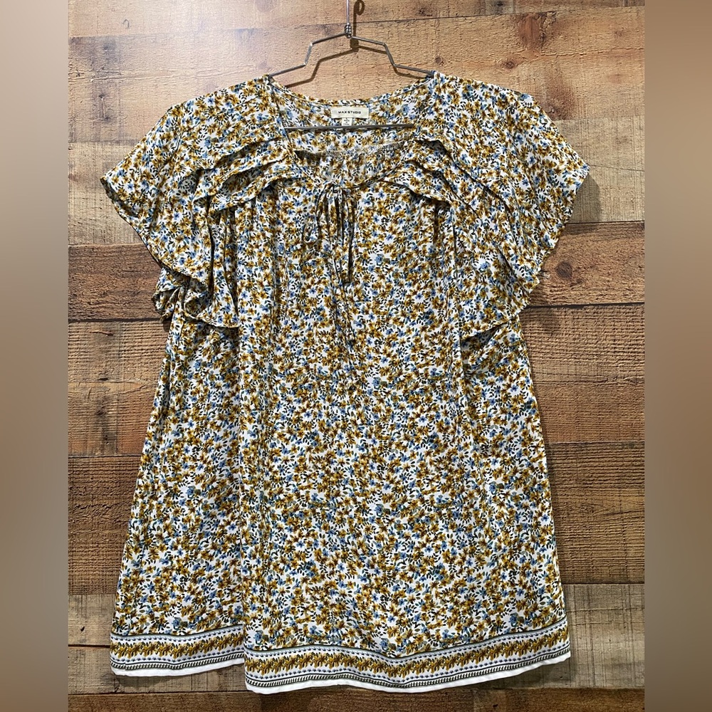 Max Studio Blue and Yellow Print Peasant Top Size Large